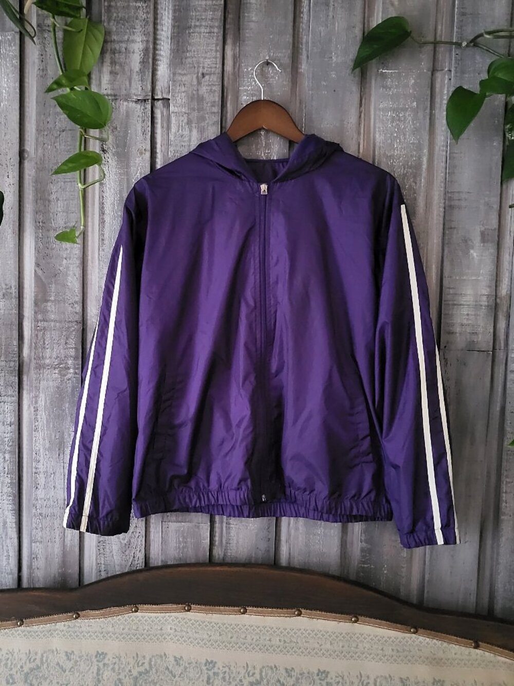 Vintage Purple Hooded Windbreaker Jacket White Striped Sleeve Outerwear